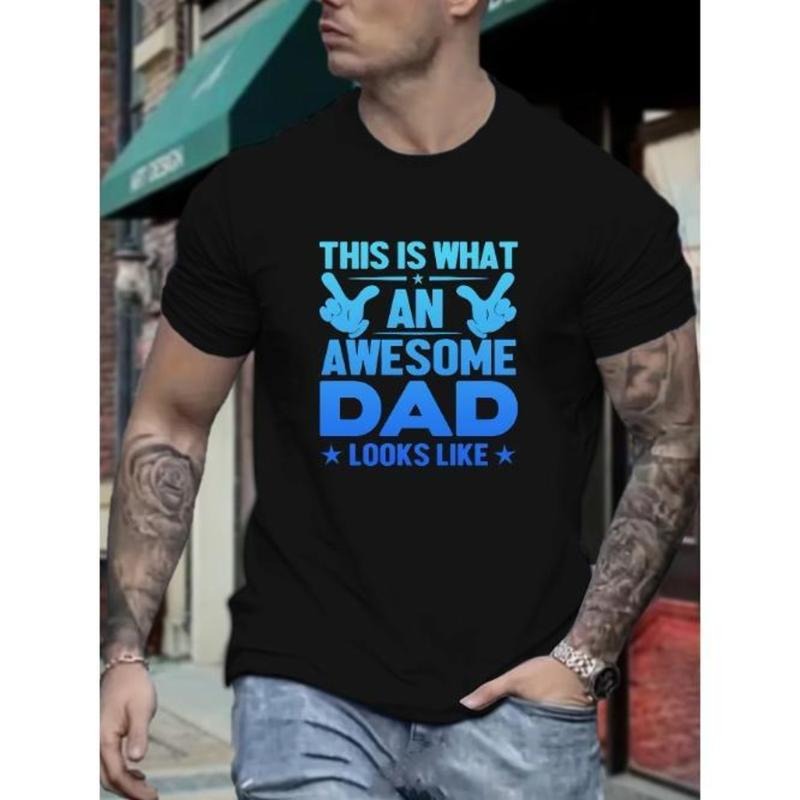 Plus Size Men's Awesome Dad Letter Print Short Sleeve T-Shirts, Comfy Casual Elastic Crew Neck Tops For Men's Outdoor...