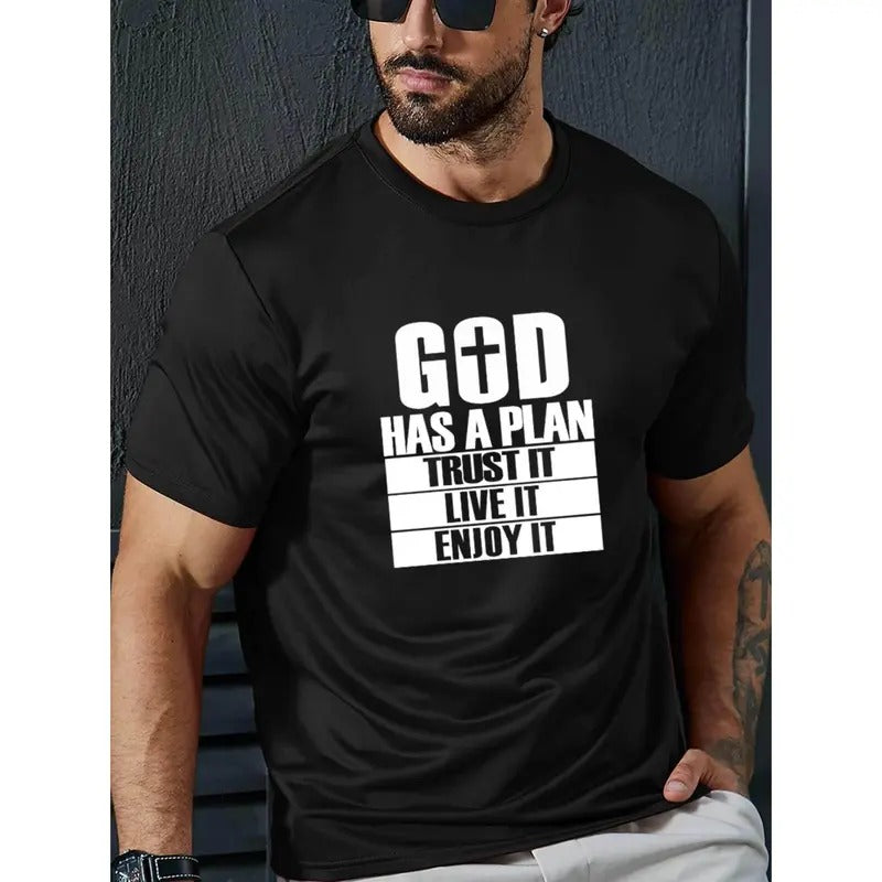 Plus Size Men's God Has A Plan Graphic Print T-shirt, Casual Short Sleeve Crew Neck Tee For Outdoor, Men's Clothing Made...