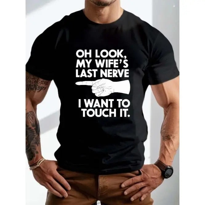 Plus Size Men's T-Shirt with "Wife's Last Nerve" Graphic Print - Casual Crew Neck Polyester Tee with Slight Stretch, Knit...
