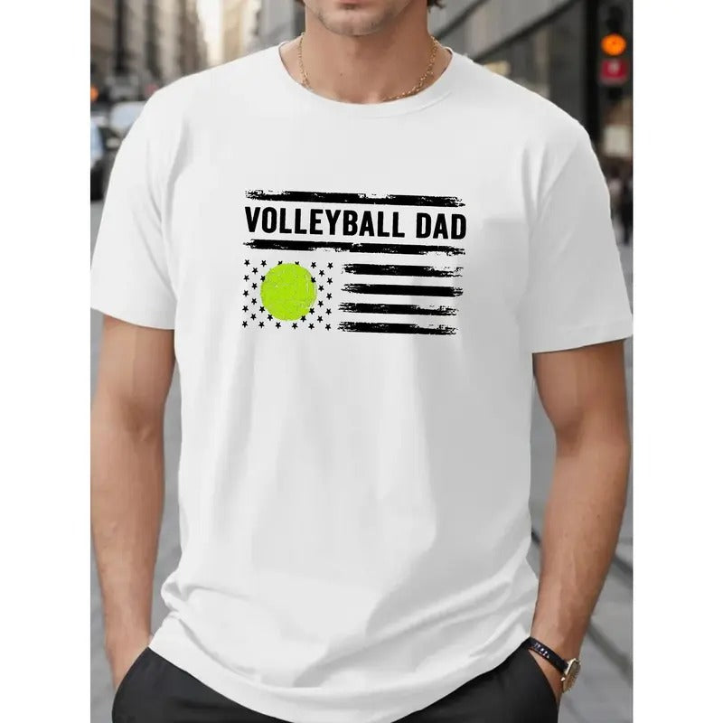Plus Size Men's Trendy VOLLEYBALL DAD Letter Print T-Shirt, Breathable Comfy Casual Short Sleeve Top For Big & Tall...