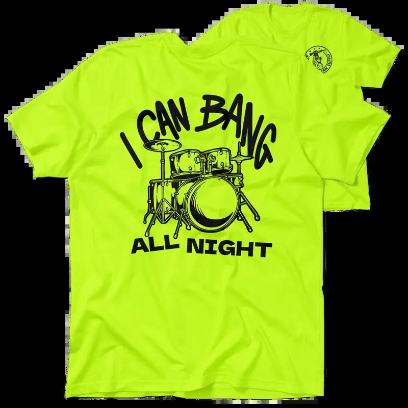 Bang All Night Hi Visibility Safety Yellow Work T-Shirt Jersey Cotton/Poly Blend Top with Blue Collar | Graphic Tees...