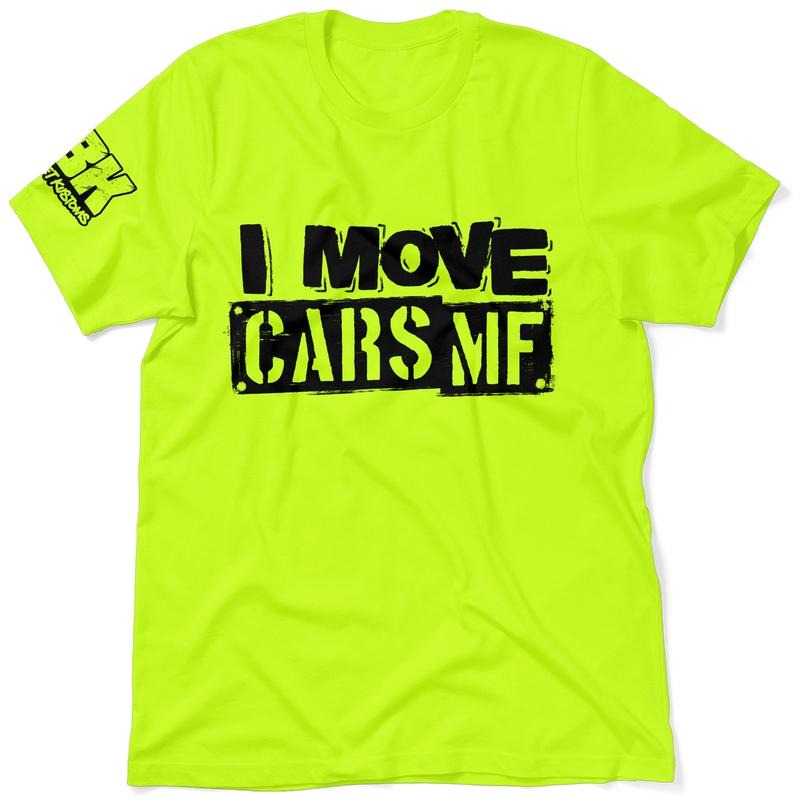 FBK I Move Cars Hi Visibility Safety Yellow Work T-Shirt apparel | Cotton/Poly Blend Top with Blue Collar | Graphic Tees,...