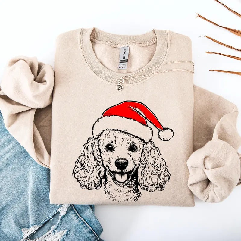 Poodle, Santa, Dog, Christmas, Dog Lover, Pet Sweatshirt, Crew Neck, Women's, Crewneck T-Shirts, Hoodie | GrindPrints.com