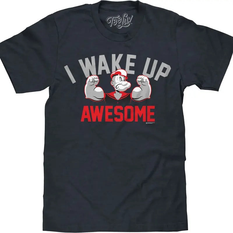 Popeye I Wake Up Awesome T-Shirt - Navy Heather Hoodie, Sweatshirt | GrindPrints.com