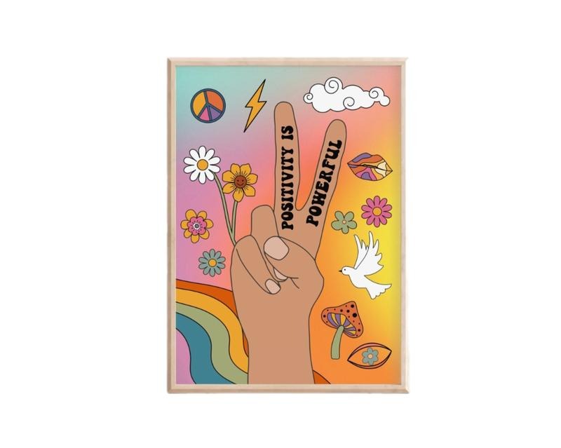 Positivity Is Powerful Print, Retro Art Groovy Floral, 1970s 1960s, Gifts For Her Teen Girl Bedroom Decor, Poster Prints...