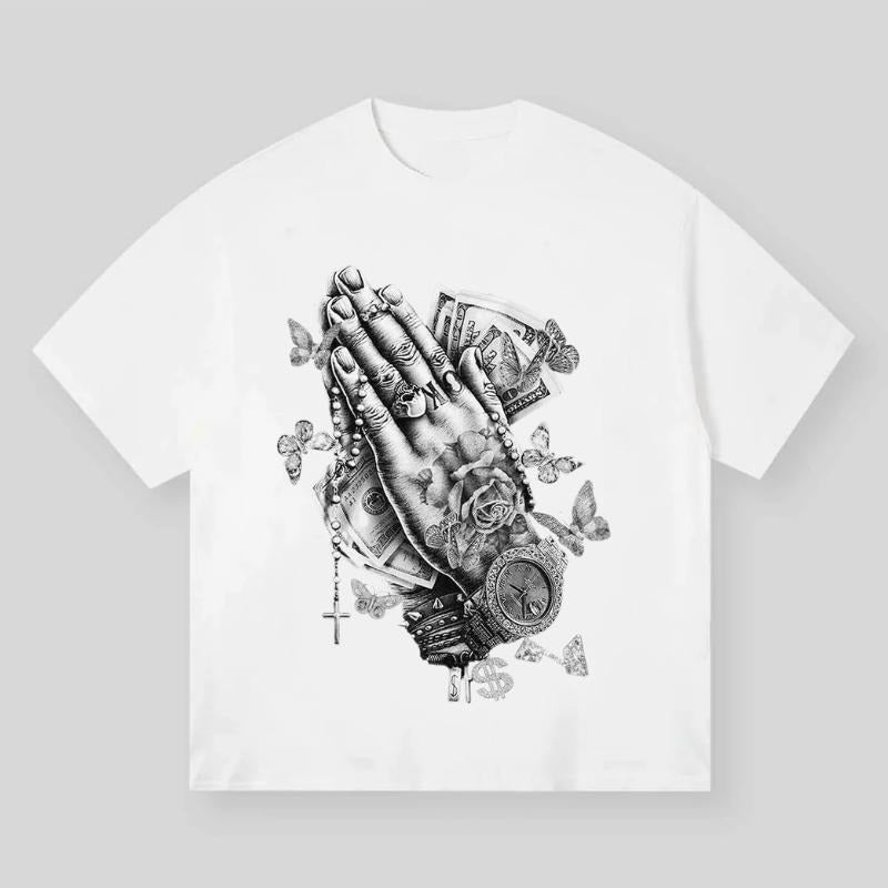 Praying Hands Pencil Sketch Print T-shirt, Vintage Graphic Tee, Y2k Clothing, Unisex Cotton Crewneck T-Shirt