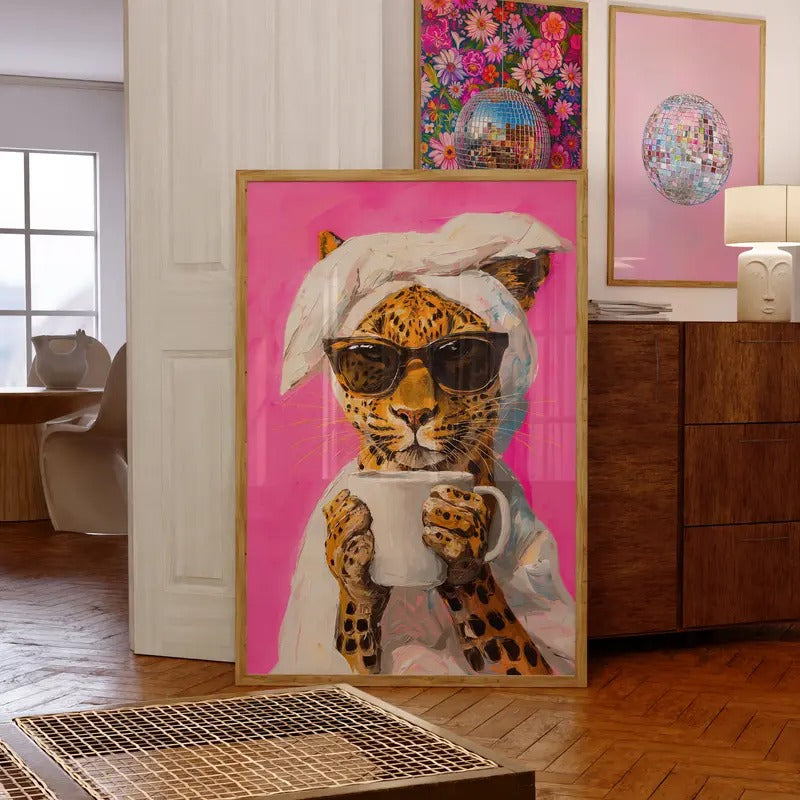 Printable Wall Art, Leopard Drinking Coffee Maximalist Oil Painting, Dopamine Dining Room, Colorful Trendy Kitchen, Vivid...