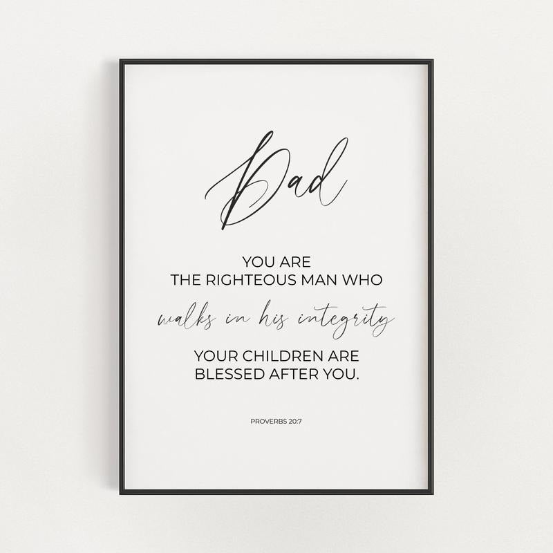 Proverbs 20:7 Righteous Man Minimalist Christian Bible Verse Wall Art, Gifts For Daddy Father Wall Art Decor, Poster...