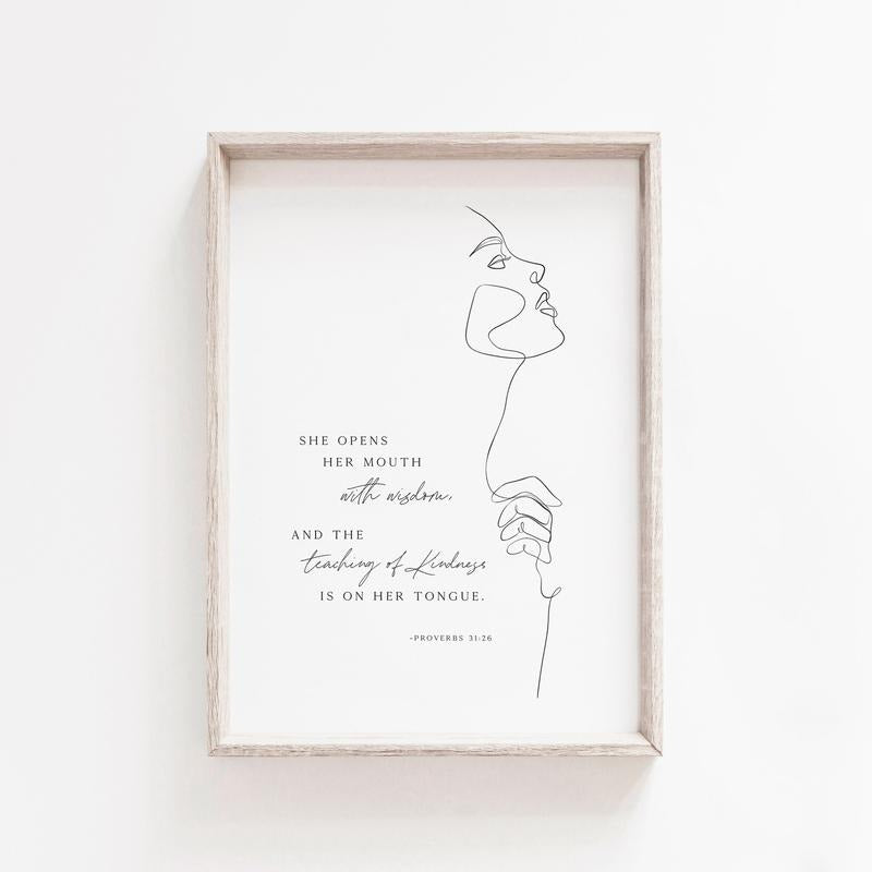 Proverbs 31:26 | Christian Boho Wall Art For Her | Modern Minimalist Poster | Woman Line Art | Bible Verse Print Poster...