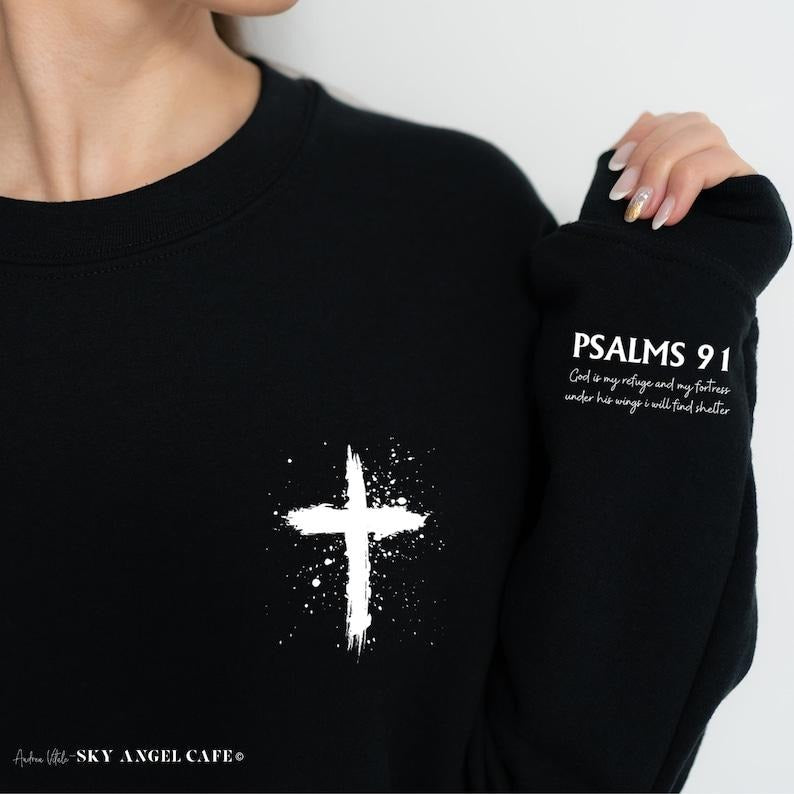 Psalms 91 Sleeve Cross Church Bible Study Matching Tops Christian Religious Bible Verse Faith Based Christ Jesus T-Shirts, Hoodie, Sweatshirt