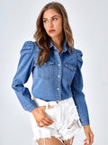 Puff Long Sleeve Collar Button Up Denim Shirt Blouse Top with Flap PocketY2K Hoodie, Sweatshirt | GrindPrints.com