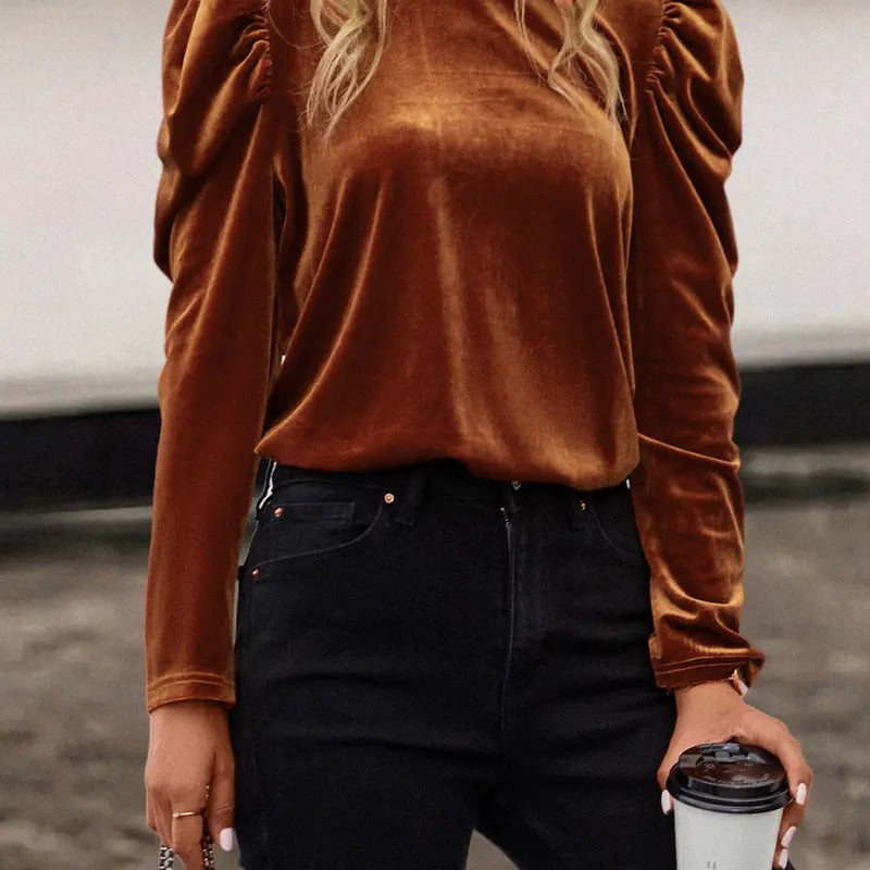 Puff Long Sleeve Mock Neck Velvet Party Blouse Tops T-Shirts, Hoodie, Sweatshirt | GrindPrints.com