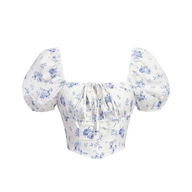Puff Sleeve Asymmetrical Hem Bow Blouse Crop Tops T-Shirts, Hoodie, Sweatshirt | GrindPrints.com
