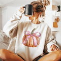 Pumpkin Coquette Bow Sweatshirt, Pink Bow Pumpkin Tee Shirt, Coquette Pumpkin Halloween Sweatshirt, Pumpkin Season Bow...