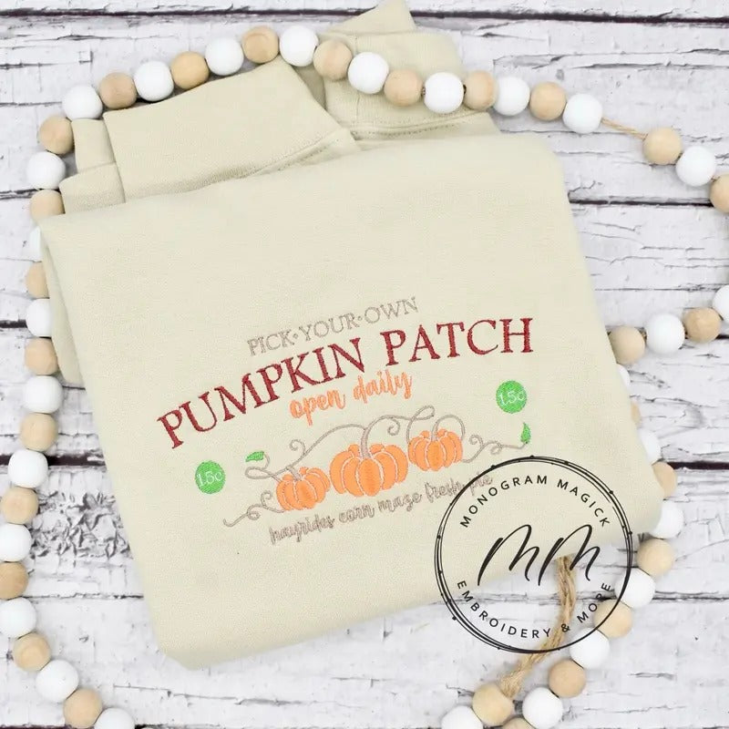 Pumpkin Patch Embroidered Sweatshirt, Fall Embroidered Sweatshirt T-Shirts, Hoodie | GrindPrints.com