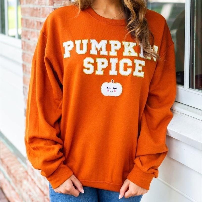 'Pumpkin Spice' Letter Patch Crewneck Sweatshirt T-Shirts, Hoodie | GrindPrints.com