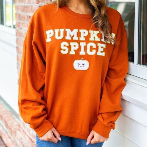 'Pumpkin Spice' Letter Patch Crewneck Sweatshirt T-Shirts, Hoodie | GrindPrints.com