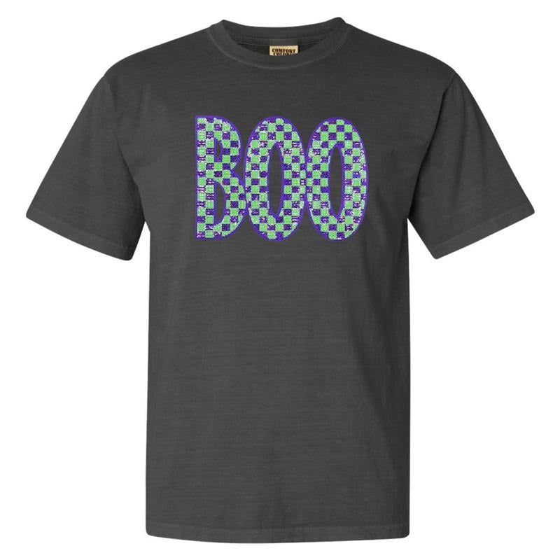 Purple & Green BOO Sequin Patch Comfort Colors T-Shirt Hoodie, Sweatshirt | GrindPrints.com