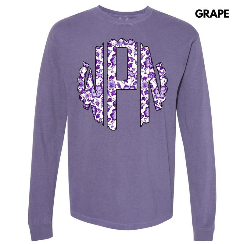 Purple Floral Monogram Long Sleeve Comfort Colors T-Shirt 'NLB' Hoodie, Sweatshirt | GrindPrints.com
