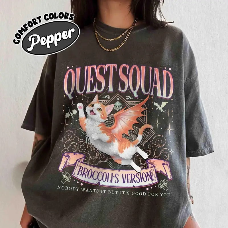 Quest Squad Broccoli Shirt, Broccoli The Cat, Onyx Storm Fan Shirt, Fourth Wing Reader Shirt, Bookish Gift, Dragon Rider...