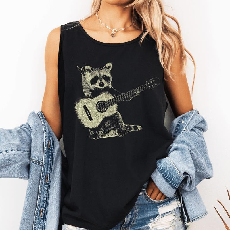 Raccoon Playing Guitar, Music, Rock Comfort Colors Tank Top, Women's Comfort Colors Tank Top T-Shirts, Hoodie, Sweatshirt