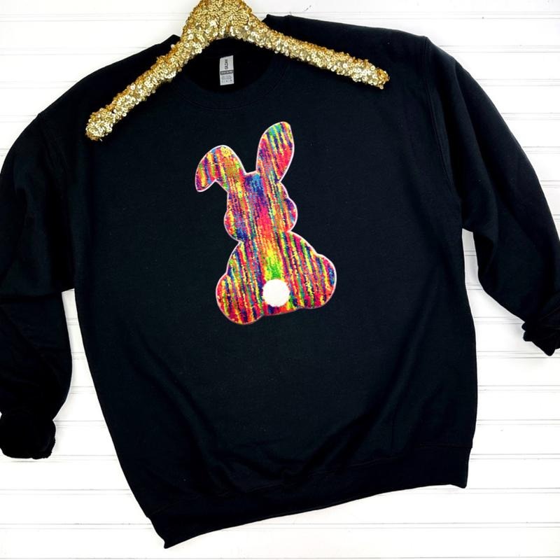 Rainbow Chenille Bunny Patch Sweatshirt -- BLACK T-Shirts, Hoodie | GrindPrints.com