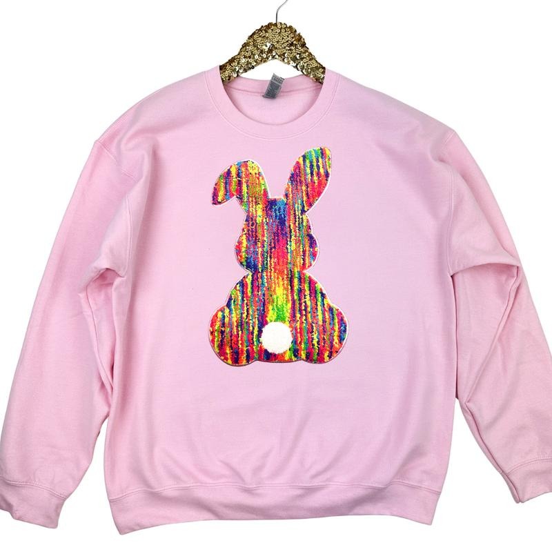Rainbow Chenille Bunny Patch Sweatshirt -- LIGHT PINK T-Shirts, Hoodie | GrindPrints.com