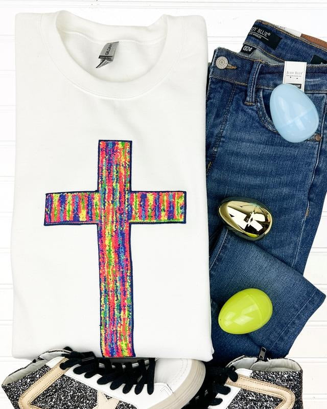 Rainbow Chenille Cross Patch Sweatshirt -- WHITE T-Shirts, Hoodie | GrindPrints.com
