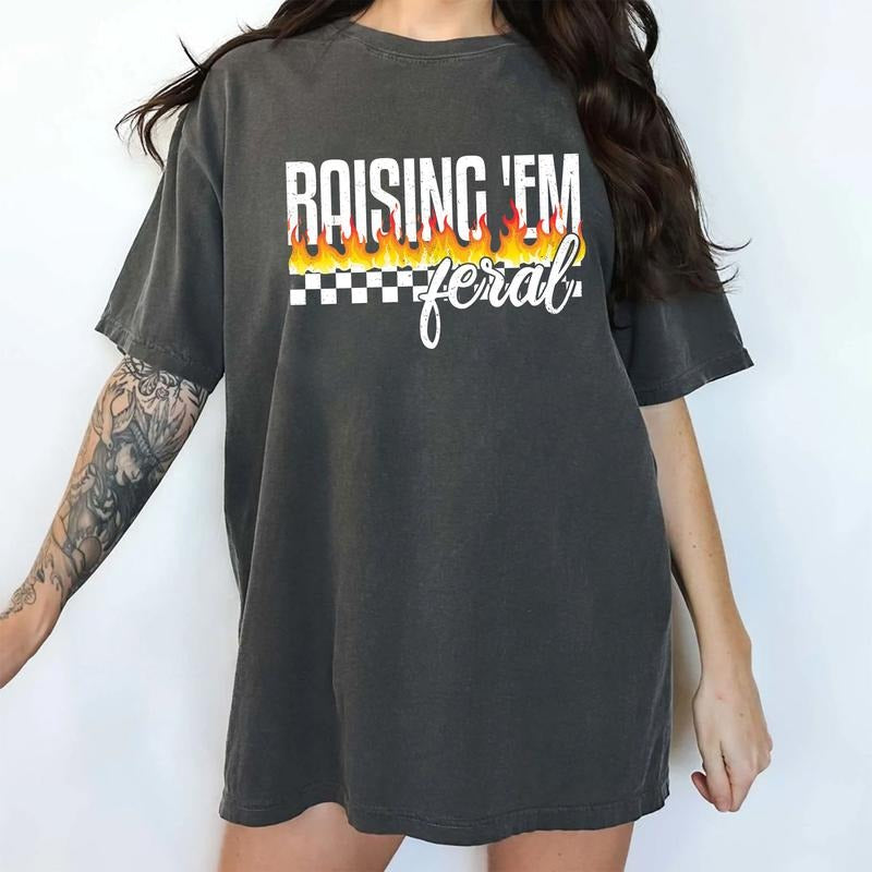 Raising 'Em Feral Comfort Colors Shirt, Funny Mama T-shirt, Checkered Mom Graphic Tee, Feral Mama Clothing, Fire Outfits,...