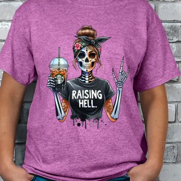 Raising H3ll Coffee Skeleton Graphic T-shirt Casual Crewneck Hoodie, Sweatshirt | GrindPrints.com