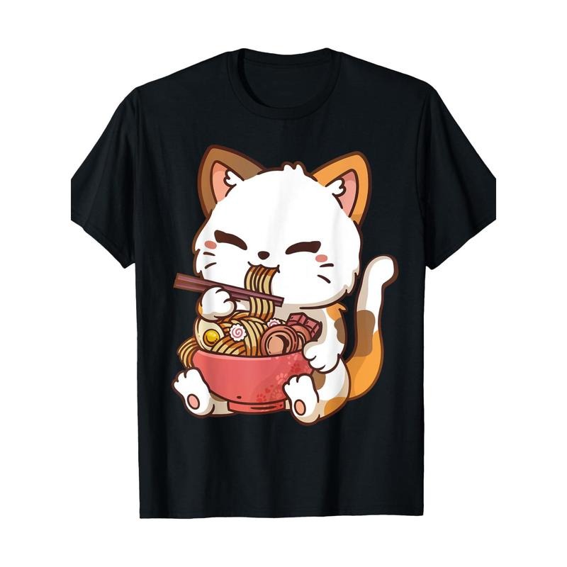 Ramen Cat Anime Kawaii Cat Eating Ramen T-Shirt 100% Cotton Made in USA Hoodie, Sweatshirt | GrindPrints.com