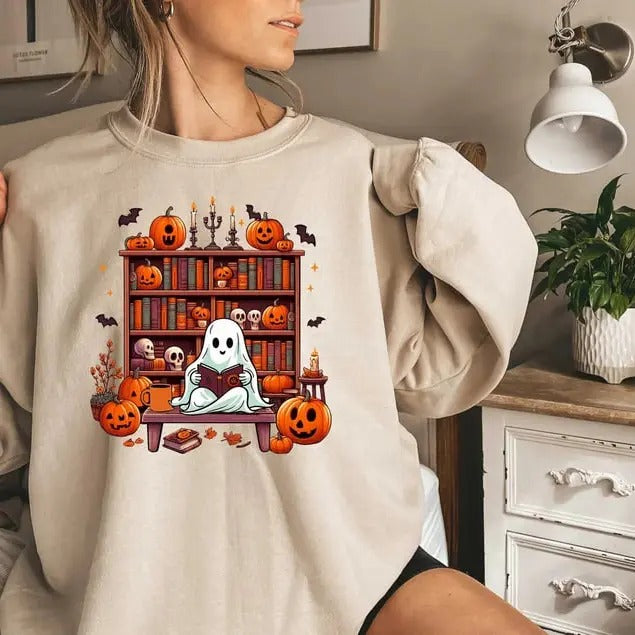 Reading Ghost Sweatshirt, Halloween Sweatshirt, Book Lover Shirt, Halloween Gift For Librarian, Ghost Book Sweatshirt,...