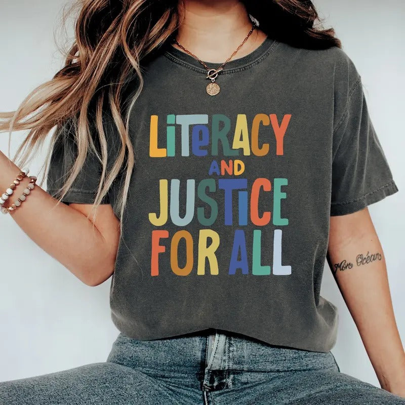 Reading Shirt For Women, Literacy And Justice For All, Book Club Tshirt, School Librarian Shirt, Unisex Short Sleeve Tee...