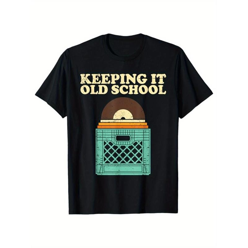 [Record Player Print Tee] Graphic Record Player Print Cotton T-shirt - Men's Casual Short Sleeve Crew Neck Tee