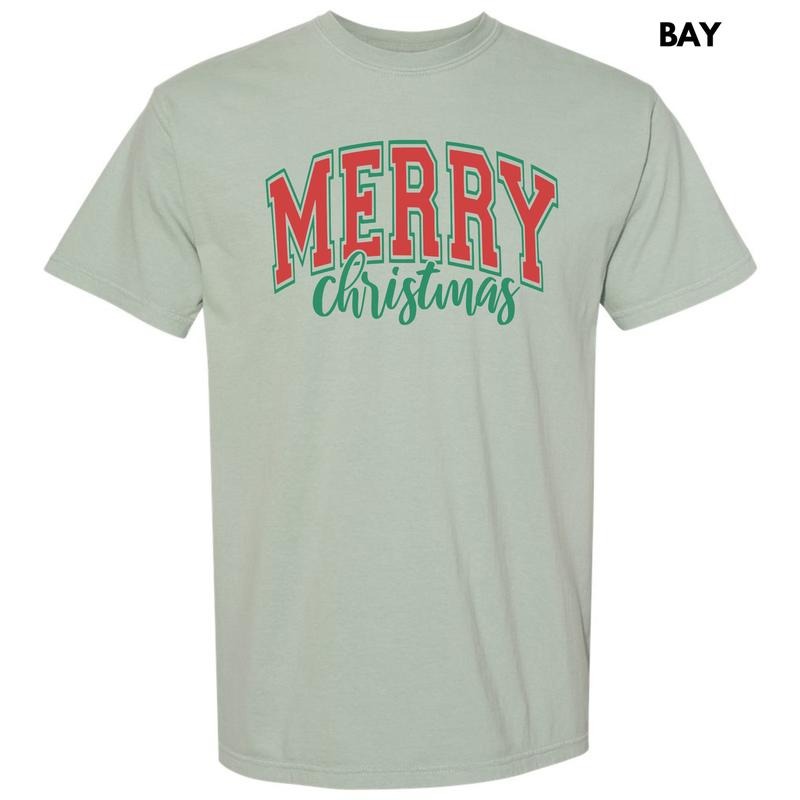 Red Cursive Varsity Merry Christmas Comfort Colors T-Shirt 'NLB' Hoodie, Sweatshirt | GrindPrints.com