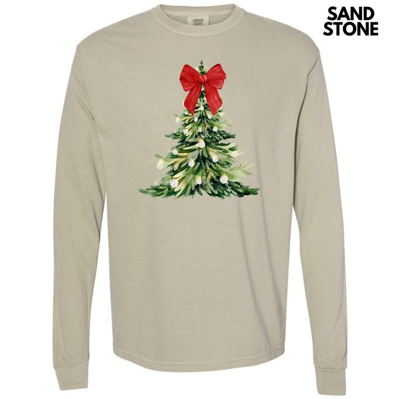 Red Elegant Christmas Tree Long Sleeve Comfort Colors T-Shirt 'NLB' - Hoodie, Sweatshirt | GrindPrints.com