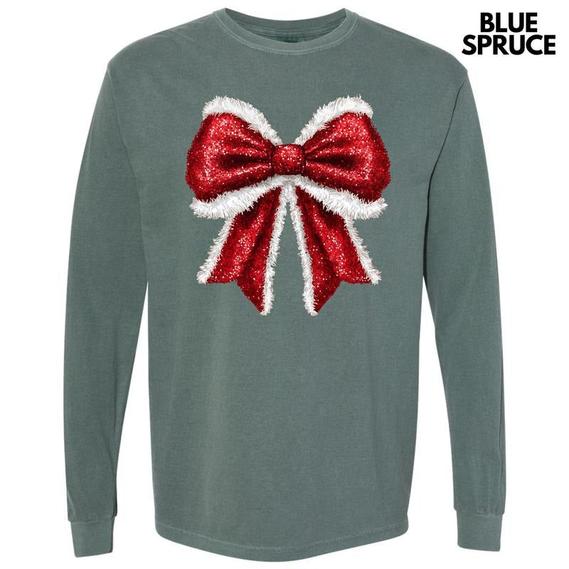Red FAKE Glitter & Fur Bow Long Sleeve Comfort Colors T-Shirt 'NLB' Hoodie, Sweatshirt | GrindPrints.com