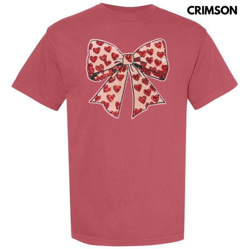 Red Heart & Pink Bow Sequin Patch Comfort Colors T-Shirt Hoodie, Sweatshirt | GrindPrints.com
