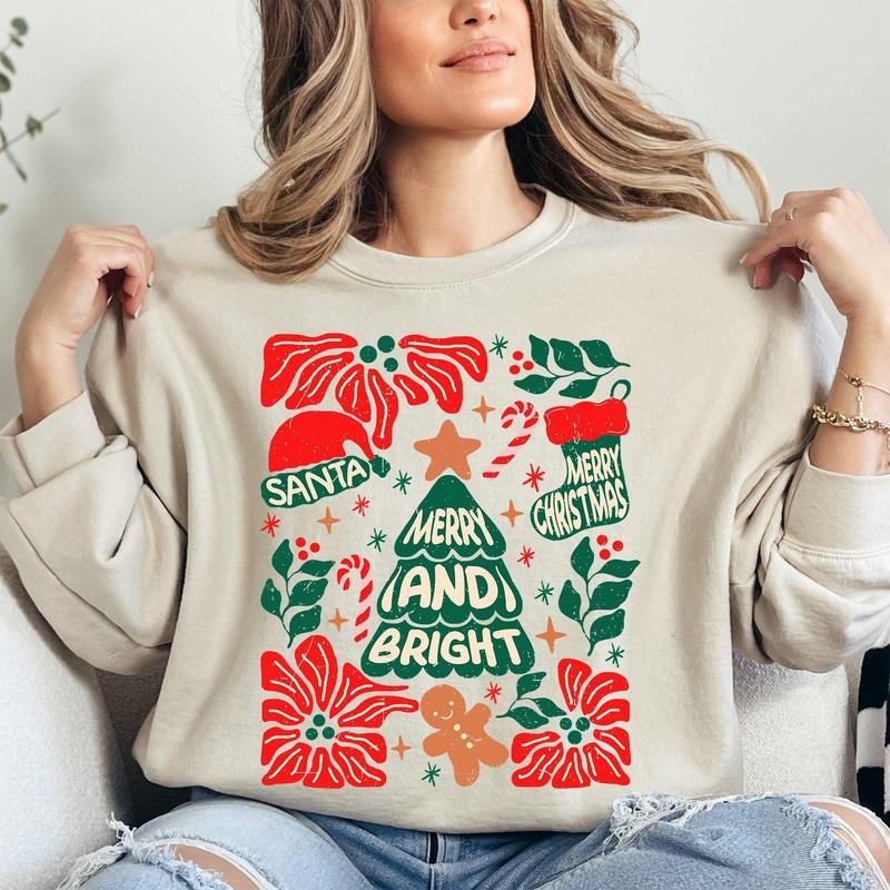 Red Merry and Bright, Candy Cane, Tree, Merry Christmas, Flowers, Floral Sweatshirt, Crew Neck, Women's, Crewneck...