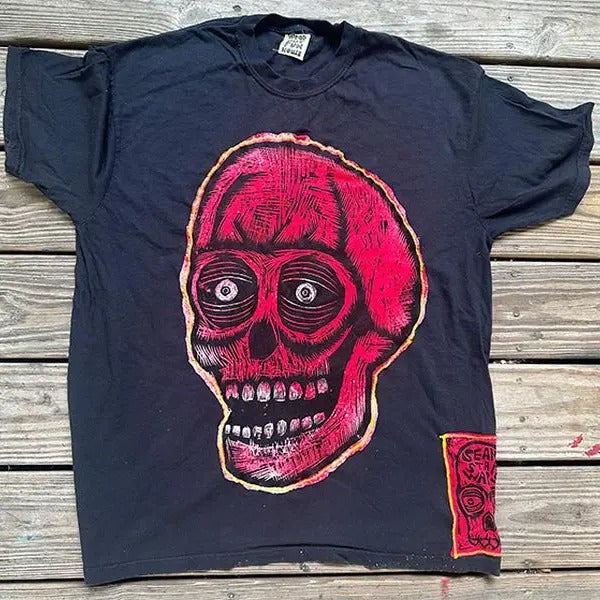 Red Skull Woodcut Appliqued  Hand printed  Limited Edition Woodcut T Shirt Menswear Cotton Top Hoodie, Sweatshirt