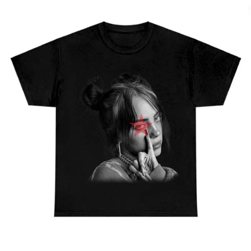 Red Star BW Billieee Eilishhh T-shirt, Graphic Tee Hoodie, Sweatshirt | GrindPrints.com