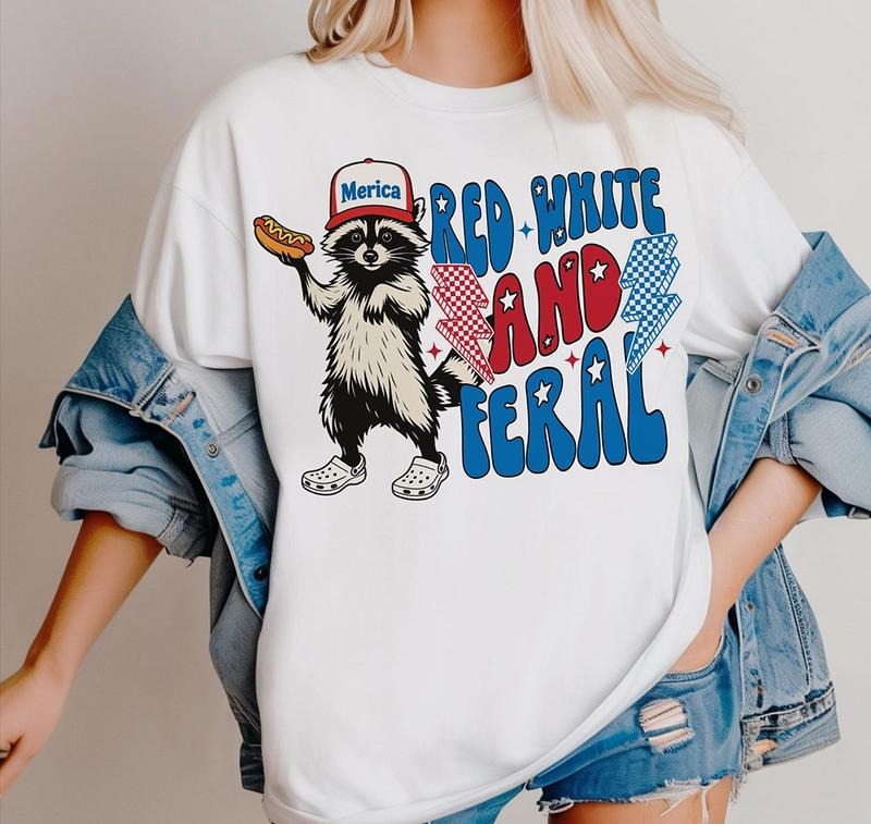 Red White Feral Funny Raccoon Shirt 4th July Classic 90s Retro T-Shirts, Hoodie, Sweatshirt