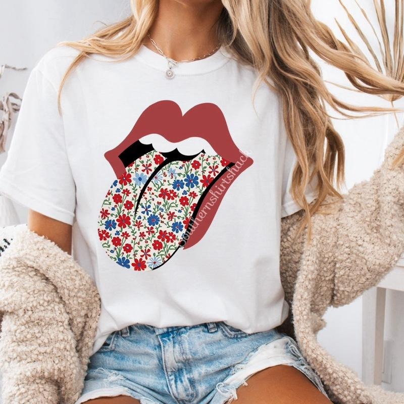 Red White Blue Floral Tongue t shirt  | white comfort colors t shirt | Patriotic Shirt Hoodie, Sweatshirt | GrindPrints.com