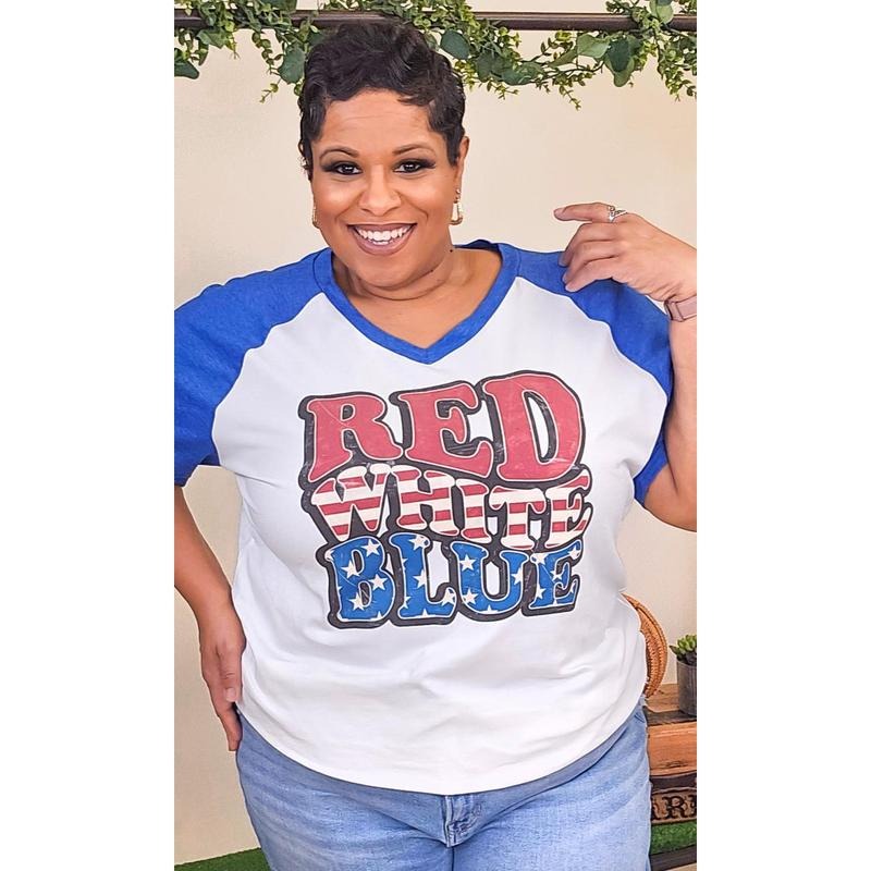 Red White and Blue Graphic V-Neck Royal Blue Top T-Shirts, Hoodie, Sweatshirt | GrindPrints.com