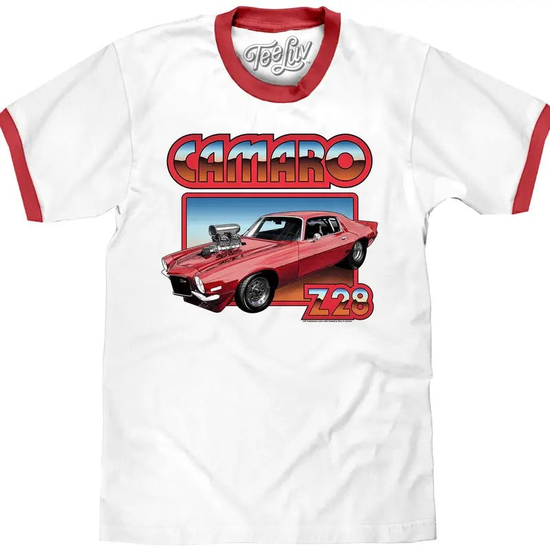 70s Chevrolet Camaro Z28 Ringer T-Shirt - White/Red Hoodie, Sweatshirt | GrindPrints.com