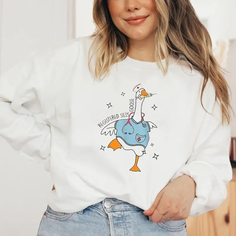Registered Silly Goose Nurse Funny Sweatshirt Casual Street Style Fleece Crewneck Pullover Sweatshirt For Women For Men,...