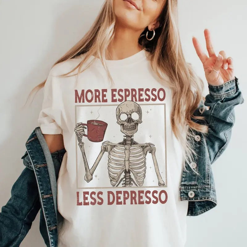Retr Skeleton Shirt, More Espresso Less Depresso Shirt, Skeleton Coffee Lover Shirt, Fall Halloween Shirt, Coffee Shirt,...