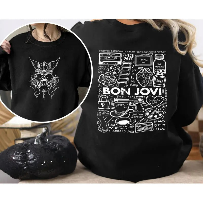 Retro 90s Rock Fan B0n J0v1 Doodle Art Shirt, Vintage B0n J0v1 Album Lyric Art Tattoo T-Shirt Tour 2024 Concert, Gift for...