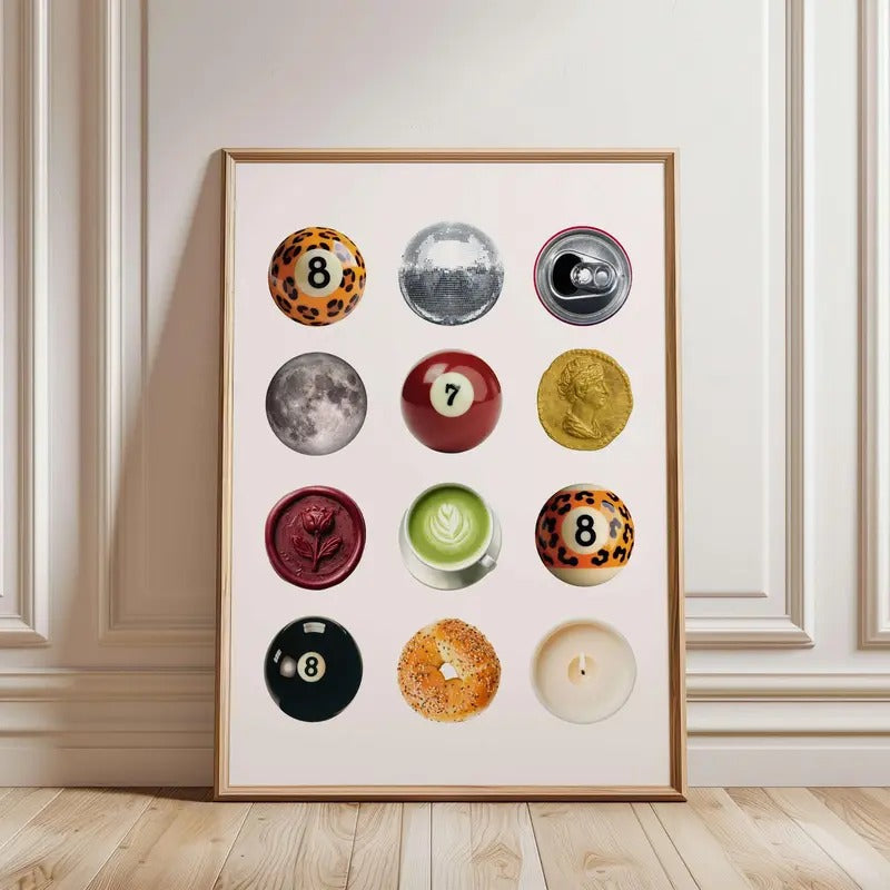 Retro Aesthetic Collage Poster, Leopard 8 Ball Print, Vintage Circles Collage Print,  Funky Disco Wall Print, Dorm Room...