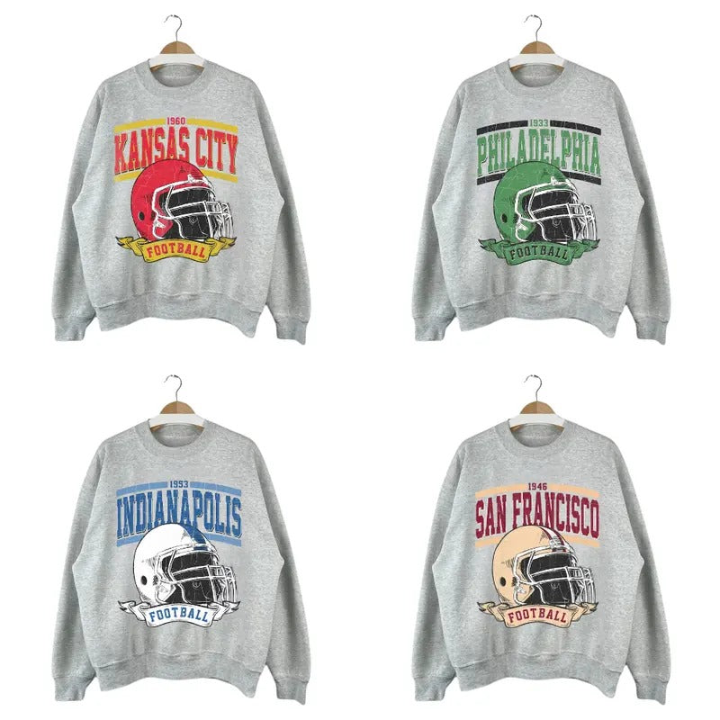 Retro All Team Football Sweatshirt, Game Day Apparel Football Fan Sport in Ash Grey T-Shirts, Hoodie | GrindPrints.com